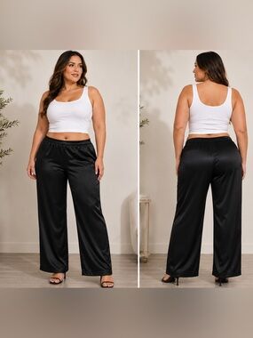 Women’s Black Satin Low Rise Straight Leg Pull-On Pants